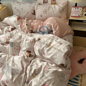 Soft Washed Cotton Four-Piece Bedding Set – Fresh Style Quilt Cover & Bed Sheet