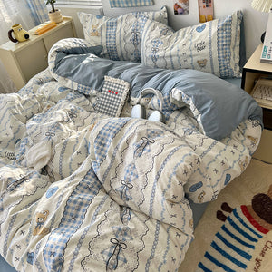 Soft Washed Cotton Four-Piece Bedding Set – Fresh Style Quilt Cover & Bed Sheet