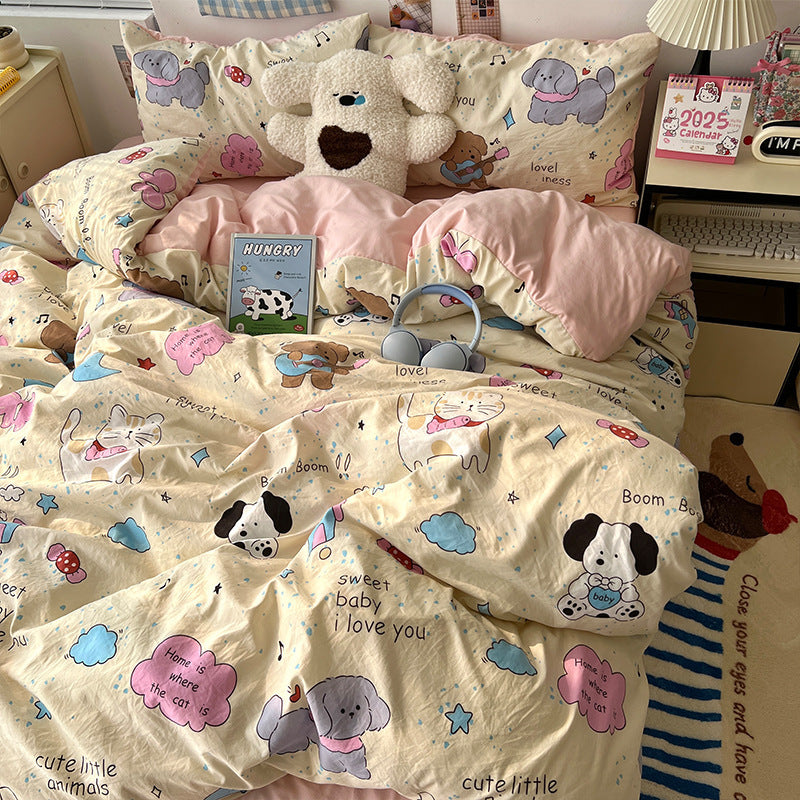 Soft Washed Cotton Four-Piece Bedding Set – Fresh Style Quilt Cover & Bed Sheet