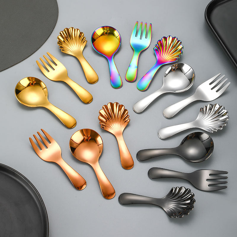 Stainless Steel Short Handle Round Head Shell Spoon & Fork – Elegant Dining Cutlery