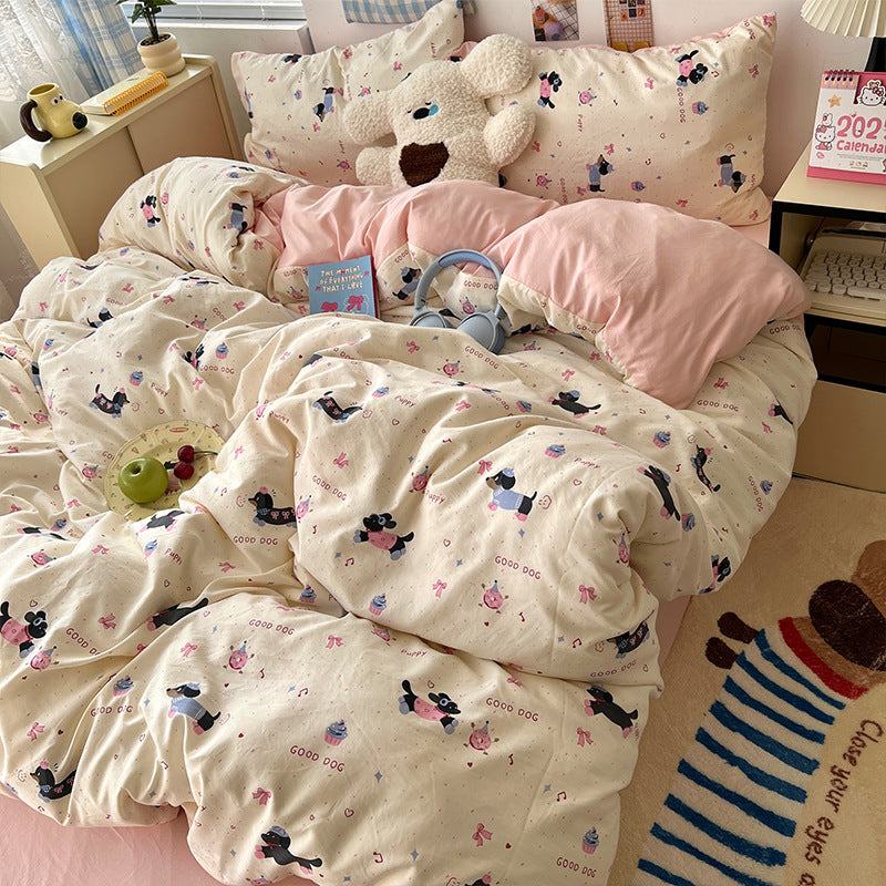 Soft Washed Cotton Four-Piece Bedding Set – Fresh Style Quilt Cover & Bed Sheet