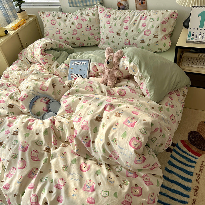 Soft Washed Cotton Four-Piece Bedding Set – Fresh Style Quilt Cover & Bed Sheet