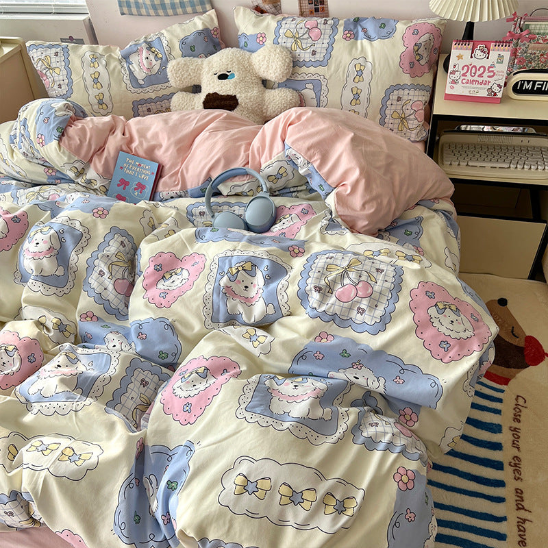 Soft Washed Cotton Four-Piece Bedding Set – Fresh Style Quilt Cover & Bed Sheet