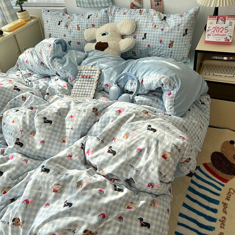Soft Washed Cotton Four-Piece Bedding Set – Fresh Style Quilt Cover & Bed Sheet