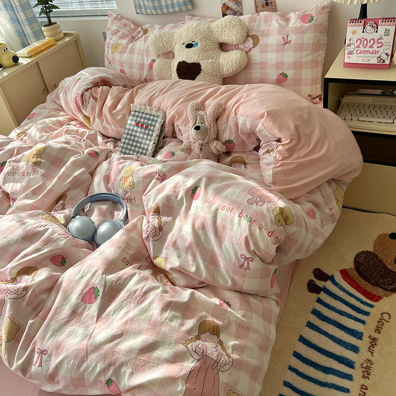Soft Washed Cotton Four-Piece Bedding Set – Fresh Style Quilt Cover & Bed Sheet