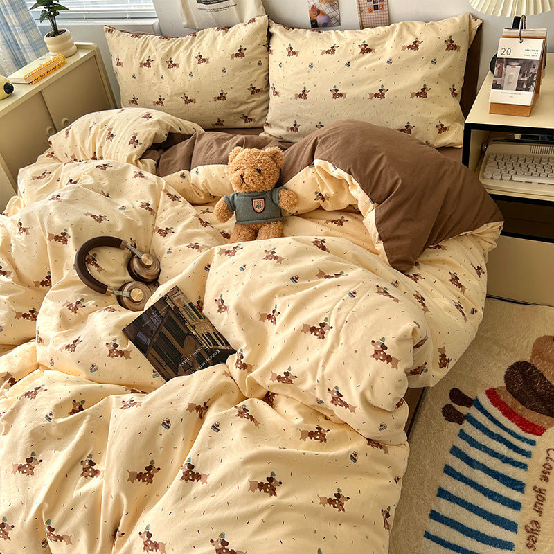 Soft Washed Cotton Four-Piece Bedding Set – Fresh Style Quilt Cover & Bed Sheet