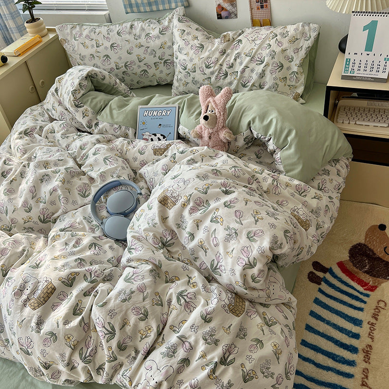 Soft Washed Cotton Four-Piece Bedding Set – Fresh Style Quilt Cover & Bed Sheet
