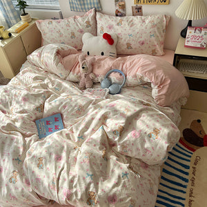 Soft Washed Cotton Four-Piece Bedding Set – Fresh Style Quilt Cover & Bed Sheet