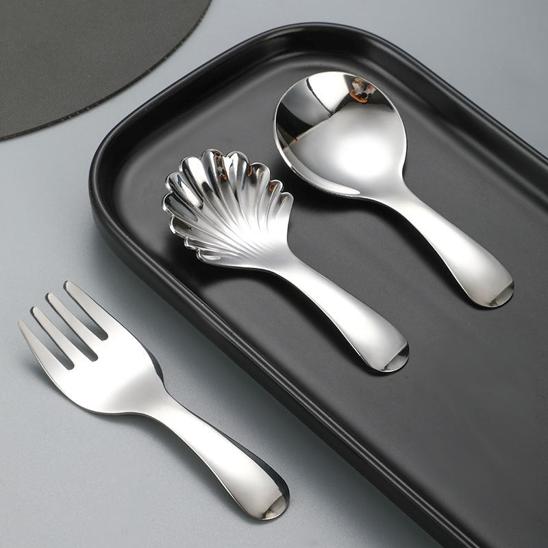 Stainless Steel Short Handle Round Head Shell Spoon & Fork – Elegant Dining Cutlery