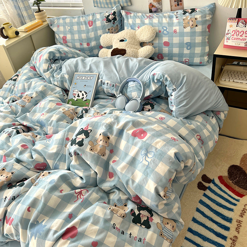 Soft Washed Cotton Four-Piece Bedding Set – Fresh Style Quilt Cover & Bed Sheet