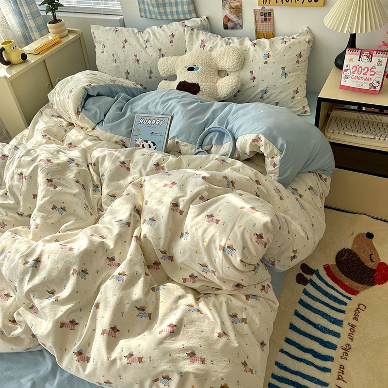 Soft Washed Cotton Four-Piece Bedding Set – Fresh Style Quilt Cover & Bed Sheet
