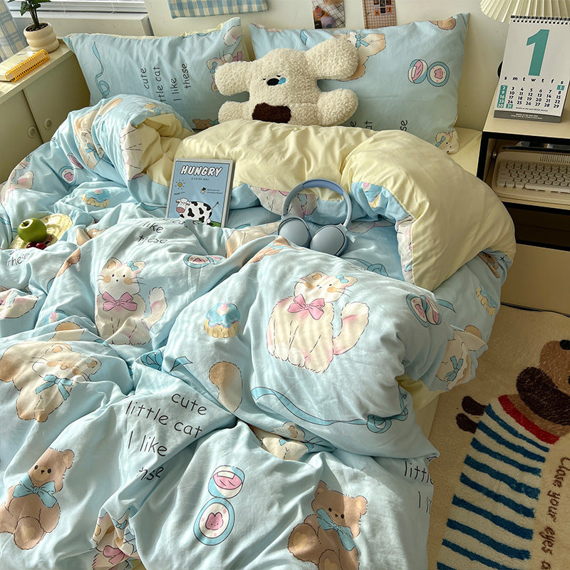 Soft Washed Cotton Four-Piece Bedding Set – Fresh Style Quilt Cover & Bed Sheet