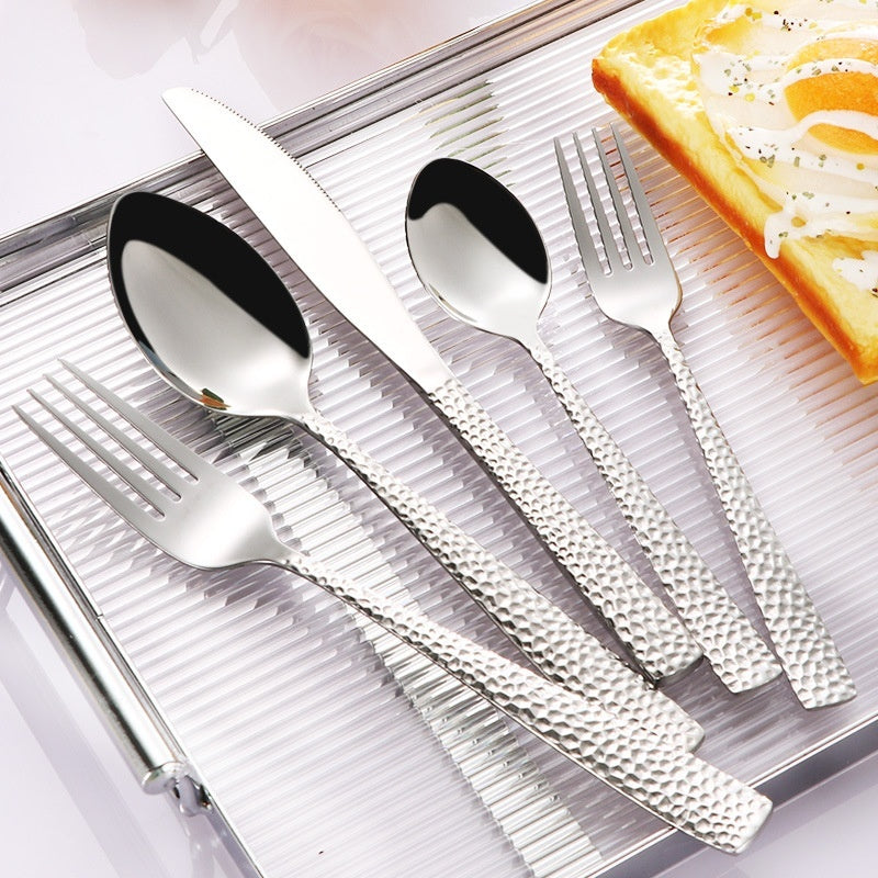 Western Tableware Hammered Stainless Steel Knife Fork Spoon Set – Elegant Dining Cutlery