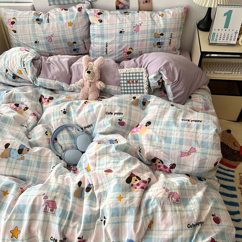 Soft Washed Cotton Four-Piece Bedding Set – Fresh Style Quilt Cover & Bed Sheet