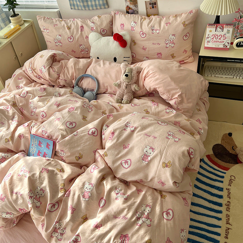 Soft Washed Cotton Four-Piece Bedding Set – Fresh Style Quilt Cover & Bed Sheet